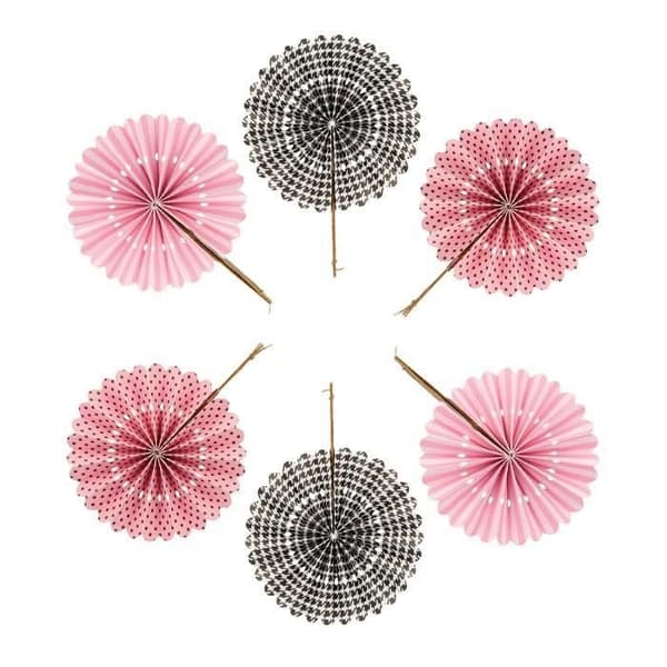 6 pappersfläktar i rosa och svart