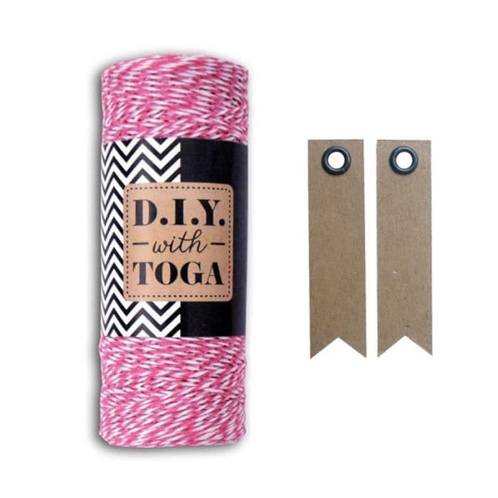 Fuchsia & vit garn 100 m + 20 vimpel kraftetiketter