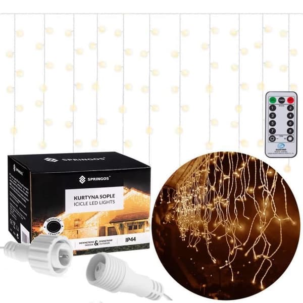 SPRINGOS® 300 LED-ljusridå 14,5 m varmvit IP44 - programmerare med 8 funktioner