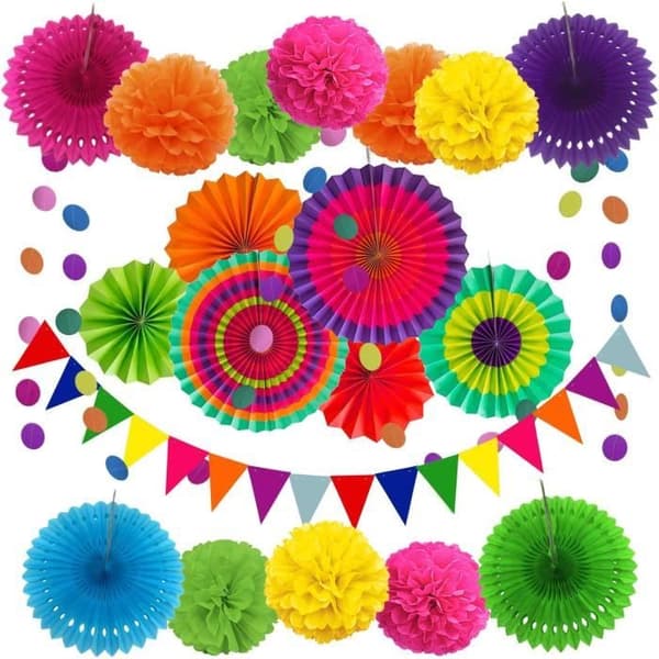 Festdekorationstillbehör, 21 stycken flerfärgade papperspumpar Blommor, bollfläkt, triangelbanner