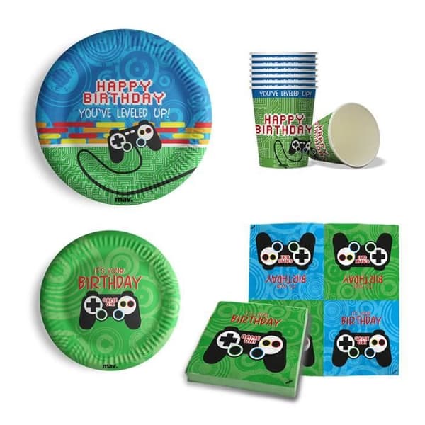 Maverick Komplett 68-delars kit för barnfödelsedagsfester med videospelstema.