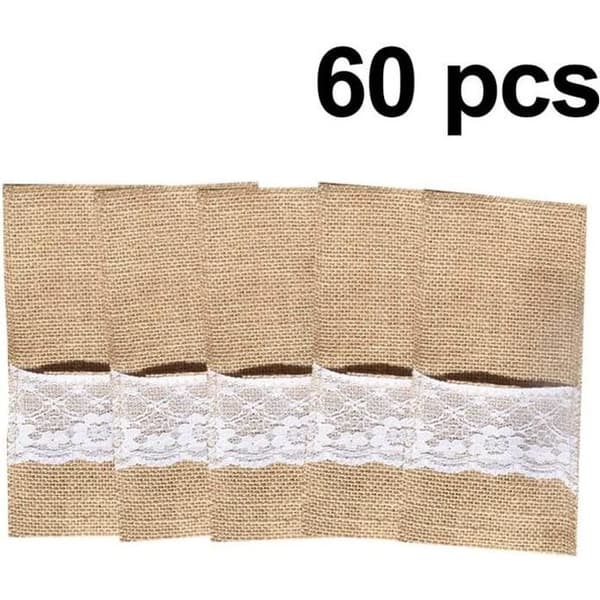 Set med 60 burlap spetsredskapshållare - för bestick, knivar och gafflar för vintagebröllop