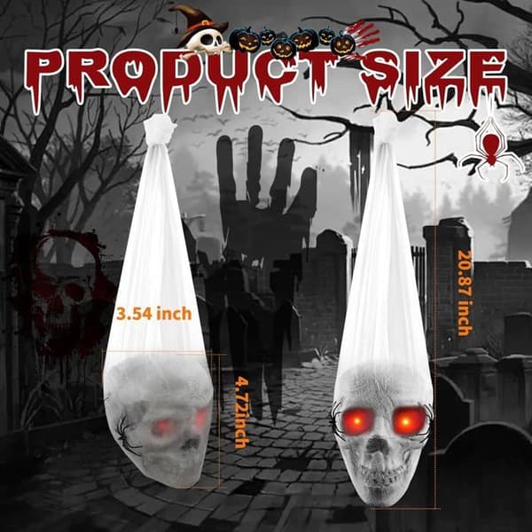 2 delar Halloween hängande skalle-dekorationer utomhus, utomhusskalle med 2 spindlar, skrämmande LED-röda ögon