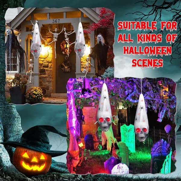 2 delar Halloween hängande skalle-dekorationer utomhus, utomhusskalle med 2 spindlar, skrämmande LED-röda ögon