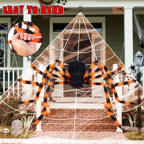 Jätte Halloween spindel utomhusdekoration: 500 cm Halloween spindelnät + 125 cm spindel + 10 mini spindlar