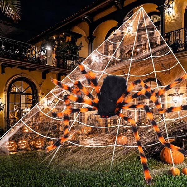 Jätte Halloween spindel utomhusdekoration: 500 cm Halloween spindelnät + 125 cm spindel + 10 mini spindlar