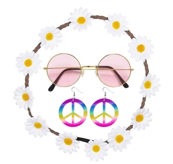Sett Hippie (briller, øredobber, blomsterkrans)