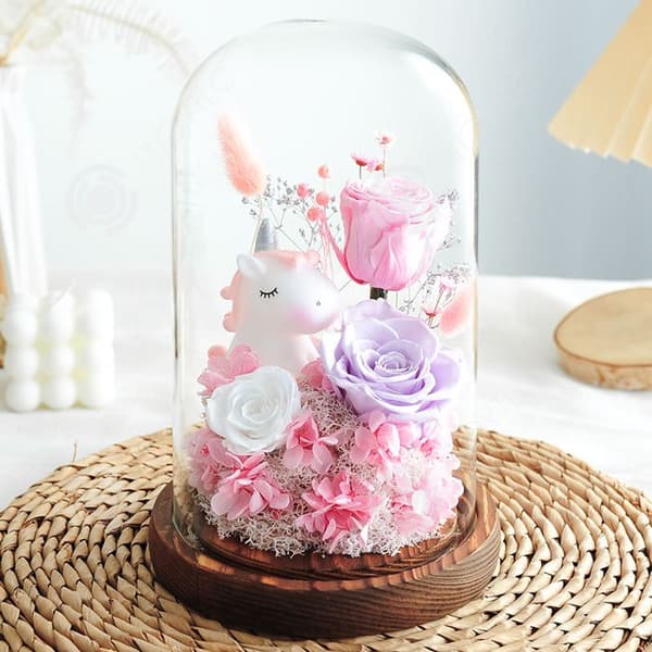 INN Unicorn Perpetual Blomma Glasskydd Festdekoration Bordsdekor Små dekorativa föremål Alla hjärtans dag present