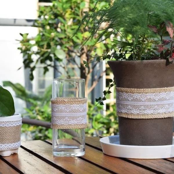 Set med 6 rullar Naturligt säckband med spets Vita dekorationer Bröllopskväll, även DIY/ 5 cm x 2