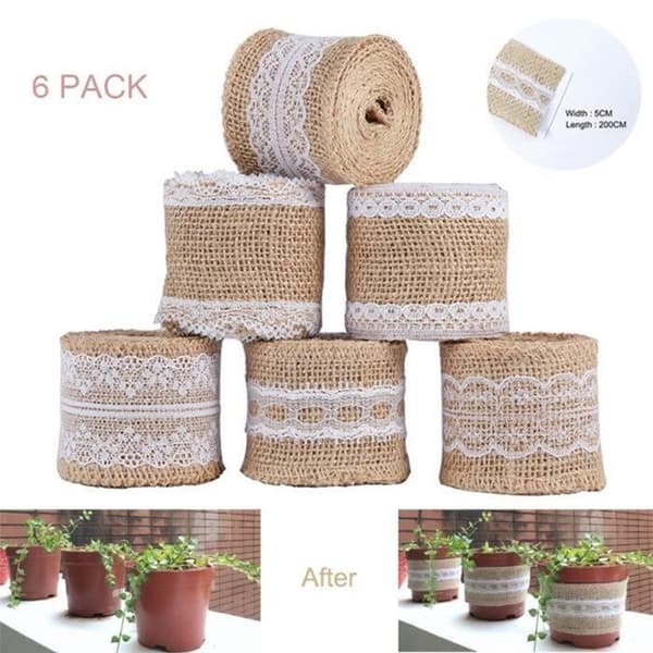 Set med 6 rullar Naturligt säckband med spets Vita dekorationer Bröllopskväll, även DIY/ 5 cm x 2