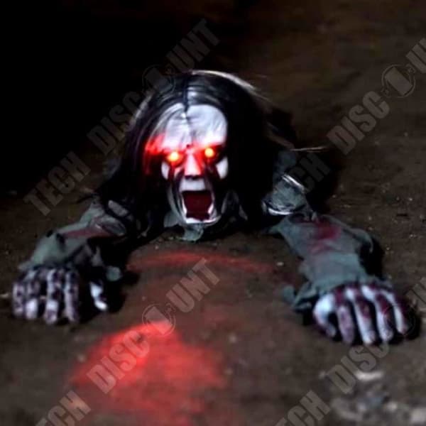 Halloween Dekoration Spöke med långa hår, röststyrd elektrisk skrämmande med röda lysande ögon cosplay