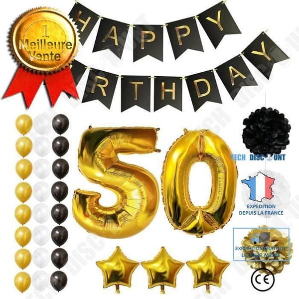 TD® 50-årsdagsballonger för grattis på födelsedagen - 50-årsdagsdekorationer - Svart och guld Stor folie- och latexballong