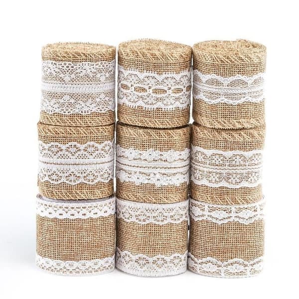 Naler Natural Jute Bandduk med spets för bröllopsdekorationer, kvällar, även gör-det-själv osv. Kit med 9*Rulle med tejp