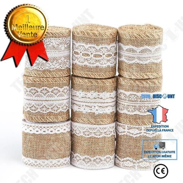 TD® naturligt säckvävsband med spetsdekorationer för bröllopsfest, även DIY - Kit med 9 rullar
