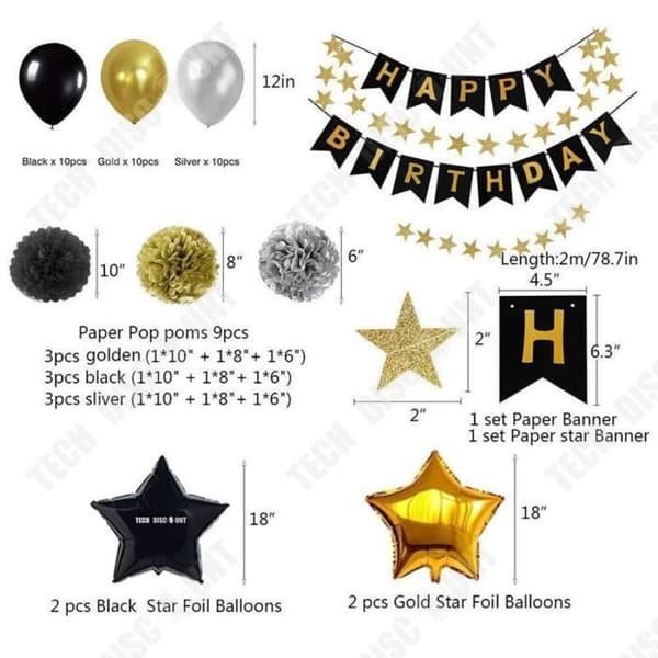 TD® Baby, Barnfödelsedagsdekorationsset/ballonger, pappersblombollar, femuddig stjärnfolie, guld, silver, svart