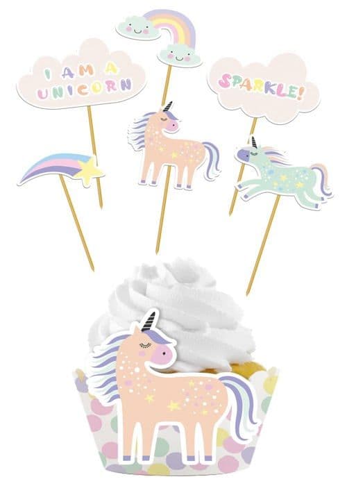 Folat - 68303 - Set med dekoration för cupcakes Unicorns - Regnbågar - 12 delar, Multicolor