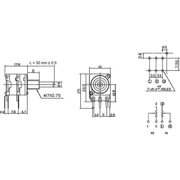 Potentiometer Service RD1602F-20B4-30R6-B1M-602 63256-02400-4011/B1M Roterande potentiometer 1 växel Stereo 0.2 W 1 MΩ