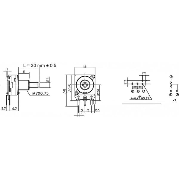 Potentiometer Service RD1601F-20B4-30R6-B2,5K-602 63250-01400-2003/B2,5K Roterande potentiometer 1 växel Mono 0.2 W 2.5