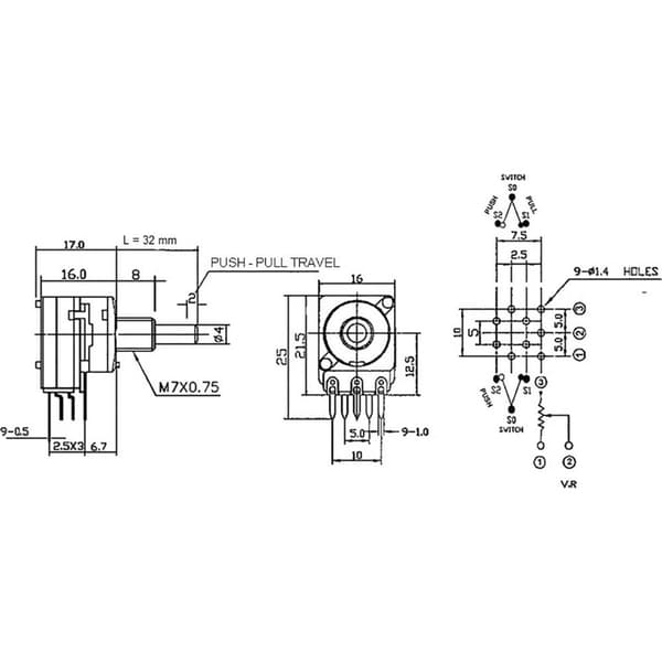 Potentiometer Service RD1601SF-20B4-30R6-B100K 63250-01402-5838/B100K Roterande potentiometer 1 växel, med tryckbrytare