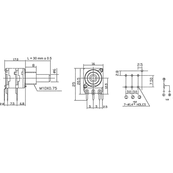 Potentiometer Service RD1602F-20F4-30R-B25K-602 63256-02600-4166/B25K Roterande potentiometer 1 växel Stereo 0.2 W 25 k