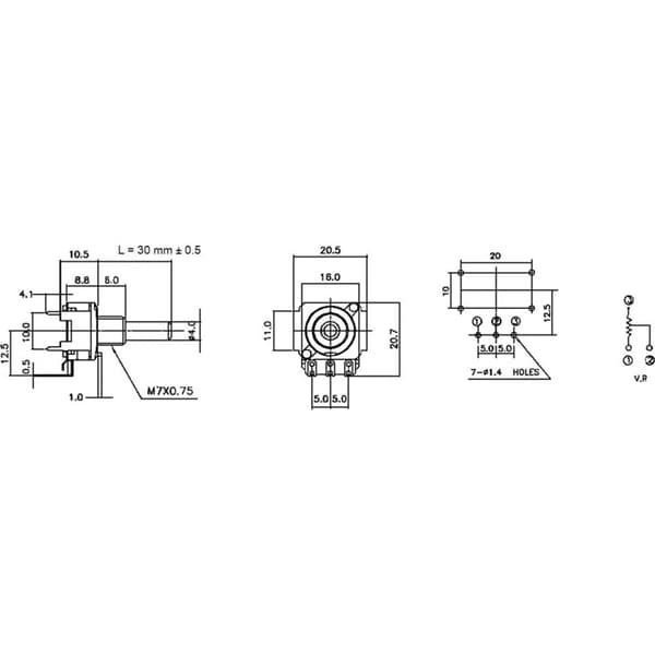 Potentiometer Service RD1601F-40B4-30R6-B50K-601 63250-21400-3007/B50K Roterande potentiometer 1 växel Mono 0.2 W 50 kΩ