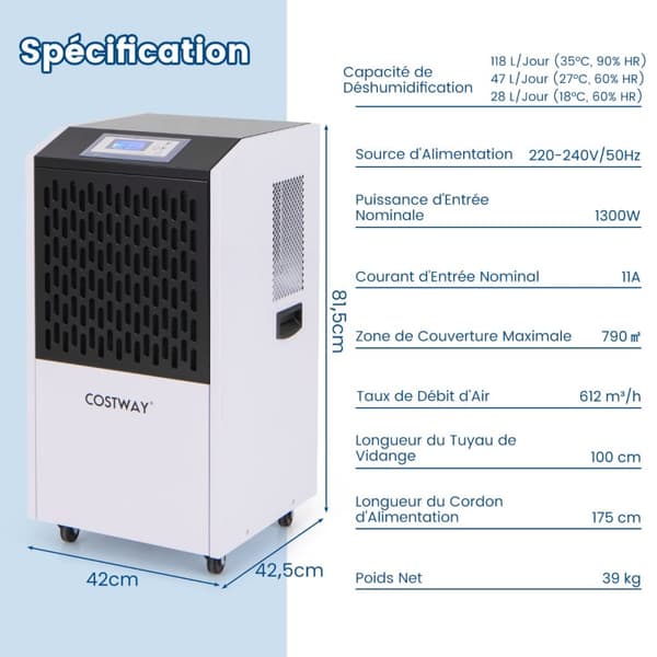 Kommersiell avfuktare, 42.5x42x81.5 cm, Vit