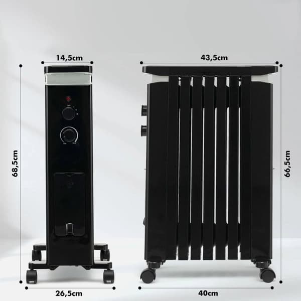 Oljeradiator, 1500W med hjul, 43,5x26,5x68,5 cm