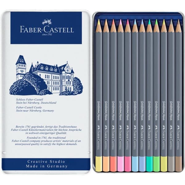 Akvarellpenna - FABER-CASTELL - GOLDFABER - Metalllåda med 12 - Pastellfärger - Ljusmotstånd