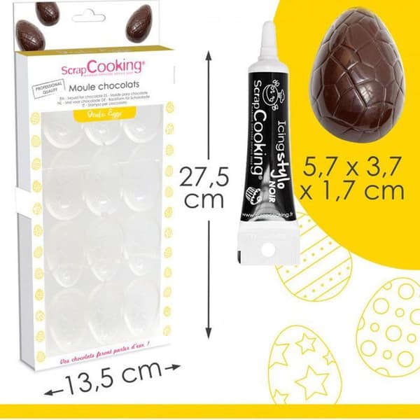 Styv form för 6 chokladägg + svart glasyrpenna