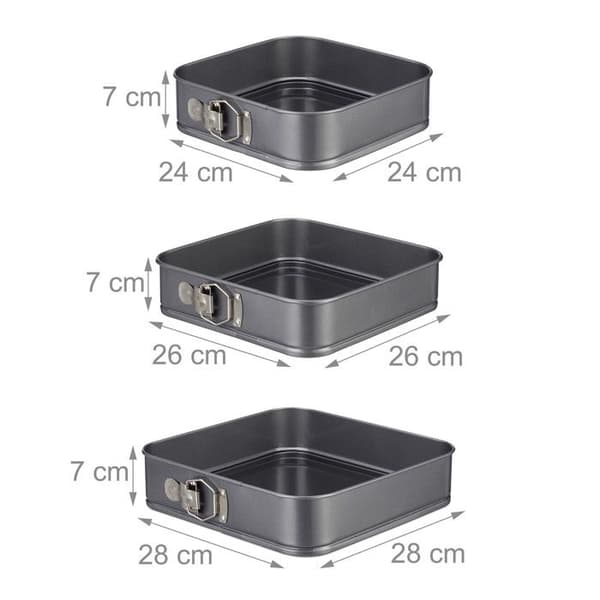 Relaxdays Justerbar fyrkantig bakform med löstagbar botten, Set 3, non-stick, löstagbar form, 24, 26 & 28 cm, grå
