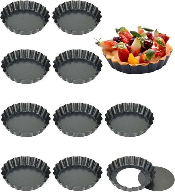 Tartelettform - 10 stycken Mini tartelettform - Avtagbar botten - Non-stick beläggning Form - 10 cm för Quiche Cake