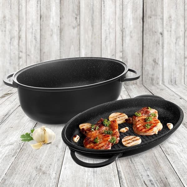 Oval granit bradepande til bagning, stegning, grillpande 2i1 10 l GRANDE