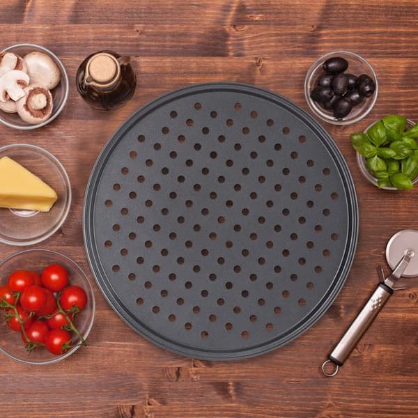 Relaxdays Pizzaplatta, set om 5, rund, perforerad, non-stick, flammkaka, i stål, form, ∅ 32 cm, antracit