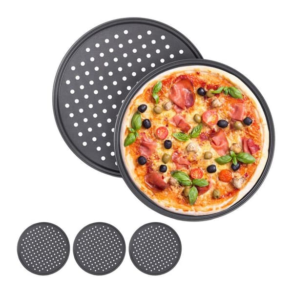 Relaxdays Pizzaplatta, set om 5, rund, perforerad, non-stick, flammkaka, i stål, form, ∅ 32 cm, antracit