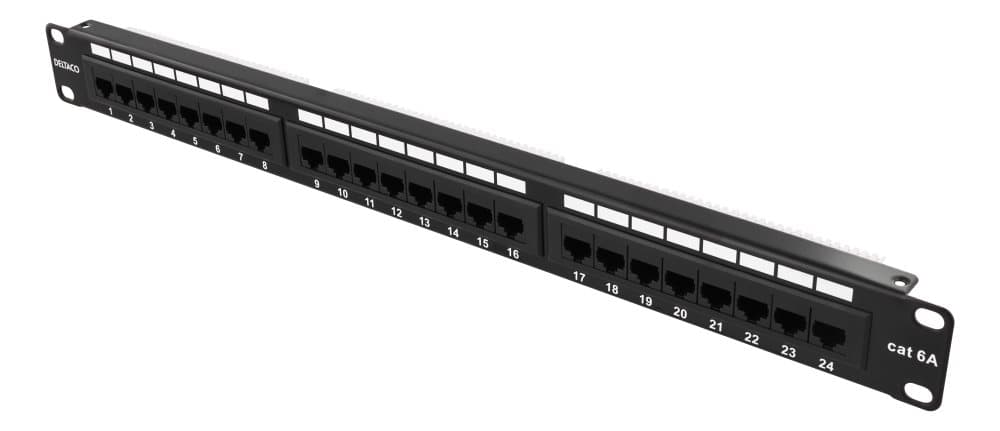 DELTACO 19" patch panel, 24xRJ45, Cat6a, UTP, 10Gbps, black