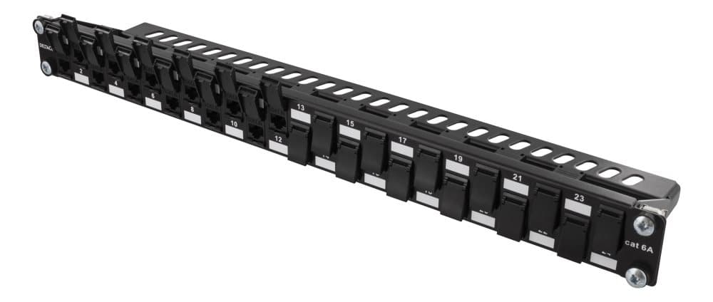 DELTACO UTP patch panel, 24xRJ45, Cat6a, 10Gbps, 24xkeystones, 1U, bla