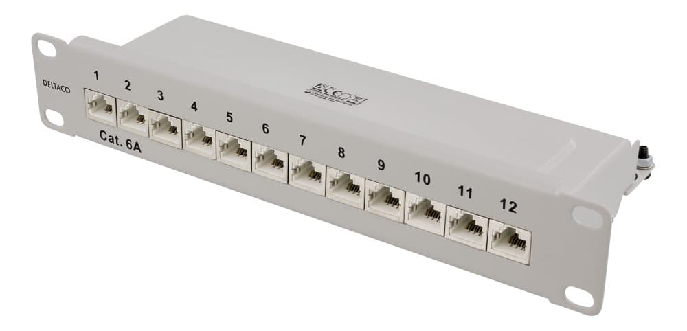 DELTACO 10" patch panel, 12xRJ45, Cat6a, STP, 10Gbps, metal, gray