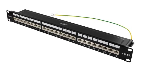 STP patch panel, 24xRJ45, Cat6a, 1U, 19", metal, black