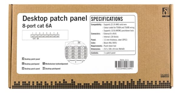 Patch Panel, 8xRJ45, Cat6a, wall-mountable, metal, black