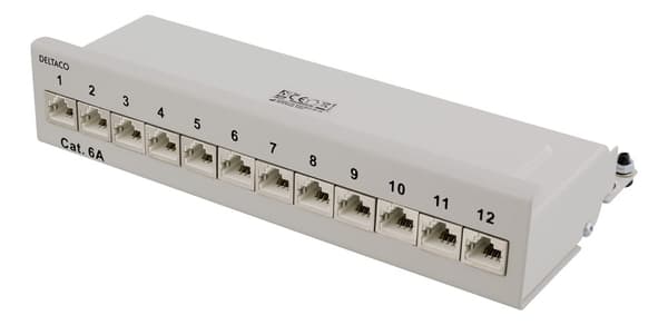 Patch Panel, 12xRJ45, Cat6a, wall-mountable, metal, grey Grå