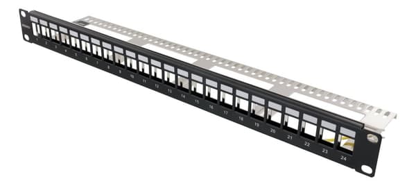 19" Keystone patch panel, 24 ports, 1U, ground cable, metal
