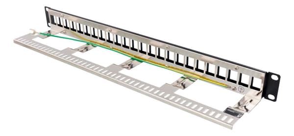 19" Keystone patch panel, 24 ports, 1U, ground cable, metal