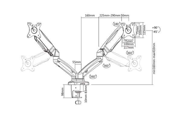 Full-motion dual desk mount, gas spring, 17-32", tilt, rotat