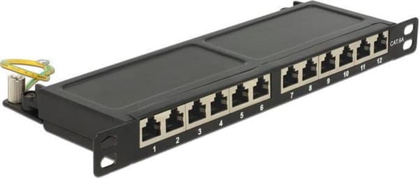 Premium CAT6a Gigabit 10'' patchpanel 0,5U med 12 porte - skærmet / sort