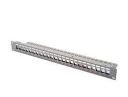 Panel krosowy (patch panel) modularny 19" 24 porty pod moduły keystone, 1U, ekranowany, prowadnica kabli, pola opisowe, szary Grå