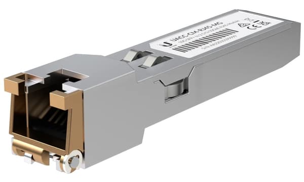 Ubiquiti UACC-CM-RJ45-MG SFP+ to RJ45 adapter, 1/2.5/5/10 GbE is a RJ45 transceiver that can be inserted into an SFP port in order to connect a copper