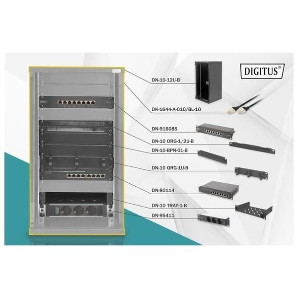 DIGITUS 10 tums set - 12U nätverksskåp Svart - Surfplatta - Power Strip - 8 Port Patch Panel - 8 Port Gigabit Switch