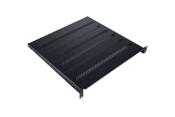 Kiinteä hyllylevy 19", 1U, syvyys 450 mm, kantavuus 25 kg, kiinnitys 4 pisteestä, musta, ruuvit ja kiinnike mukana.