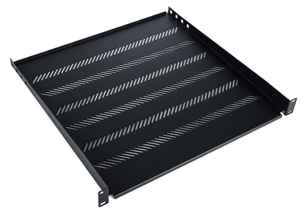 Fast hyllplan 19", 1U, djup 450 mm, lastkapacitet 25 kg, montering i 4-punktslägen, svart, skruvar och fäste i set.