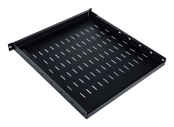 Flytbar hylde 19", 1U, dybde 500-900 mm, bæreevne 100 kg, 4-punkts montering, sort, skruer i sæt.